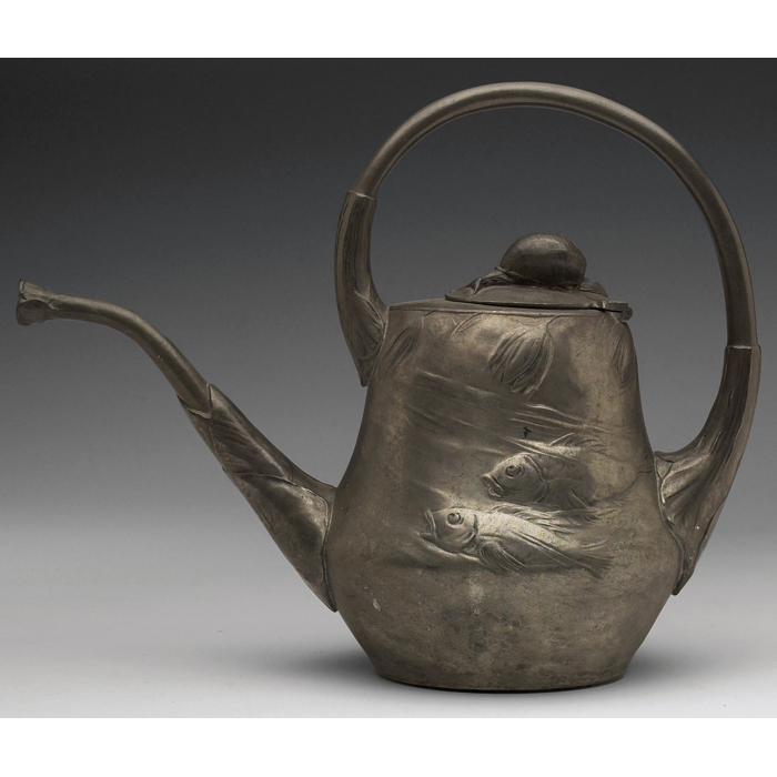 Appraisal: Kayserzinn teapot hammered pewter detailed design with fish and a