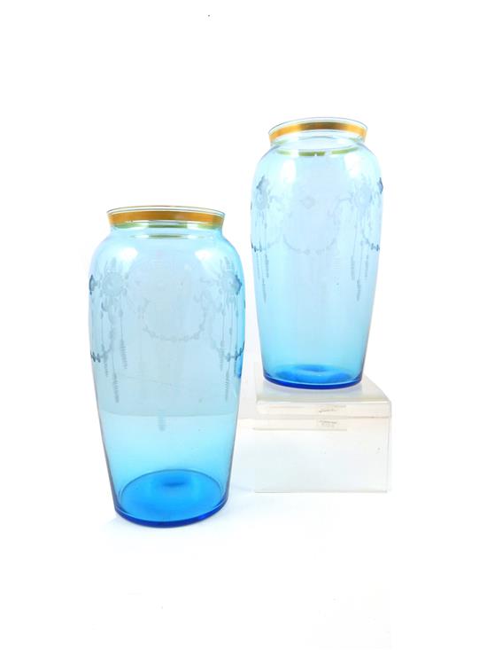 Appraisal: GLASS Two blue Hawkes etched glass vases floral and garland