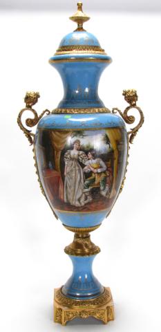 Appraisal: Dresden porcelain scenic lidded urn with gilt mounts '' high