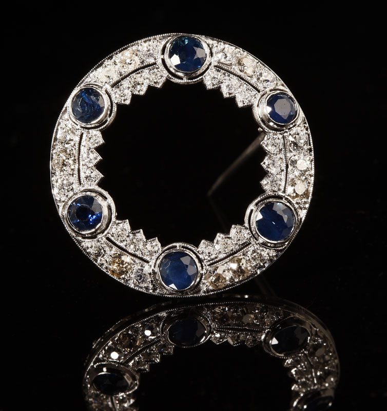 Appraisal: An Art Deco platinum sapphire and diamond brooch Circa set