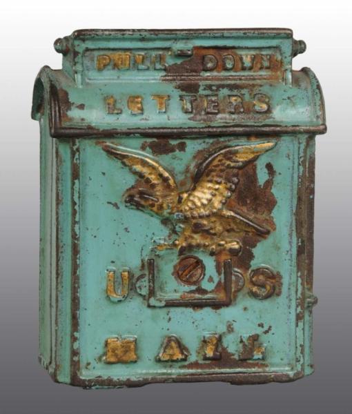 Appraisal: Cast Iron US Mail with Eagle Still Bank Description Manufactured