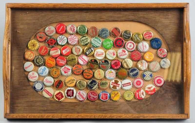 Appraisal: Wood Glass Bottle Cap Tray Numerous Chicago bottle caps under