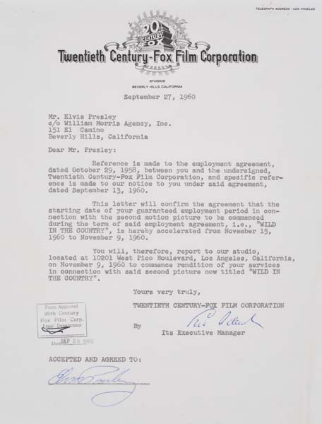 Appraisal: ELVIS PRESLEY Typed letter signed by Elvis changing the starting