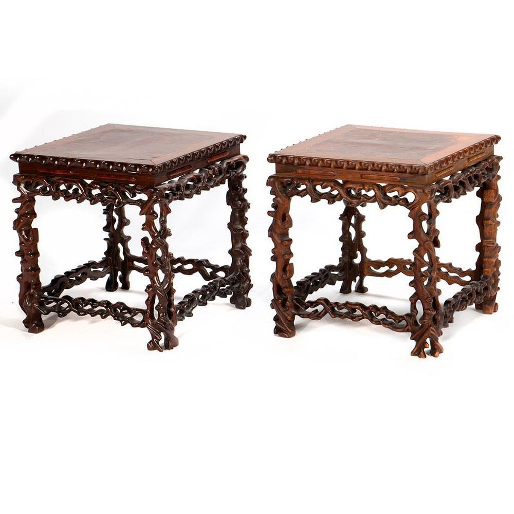 Appraisal: A Pair of Exotic Hardwood Chinese Carved Stools Each with