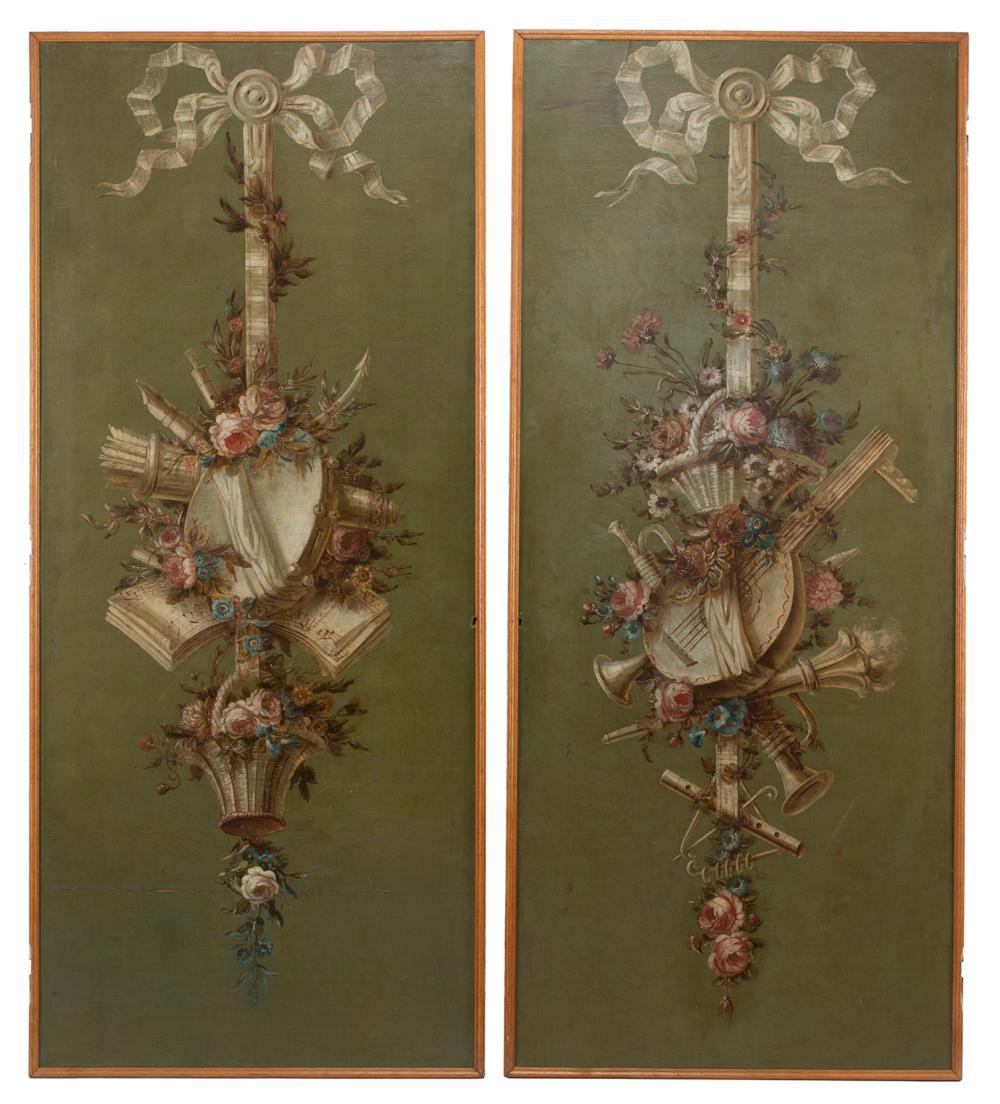 Appraisal: Pair of Continental Painted Canvas Panels depicting musical troph e