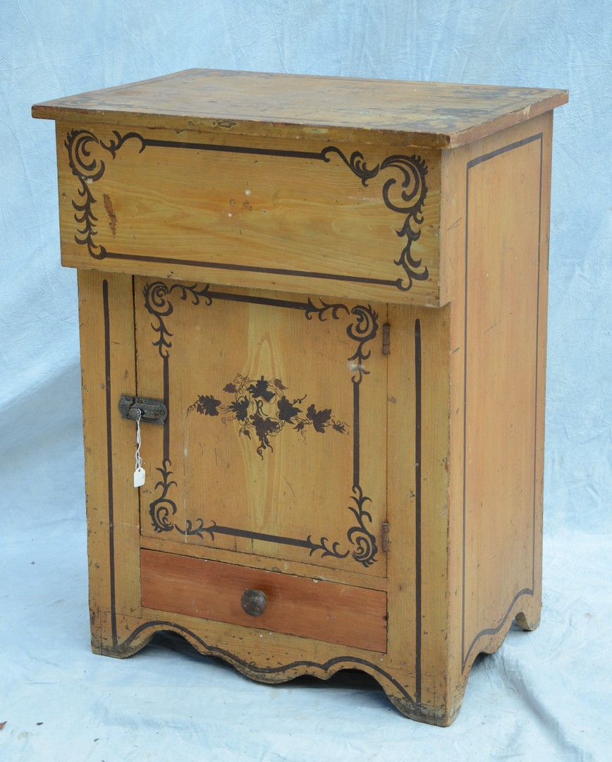 Appraisal: New England pine lift lid commode with original decoration w