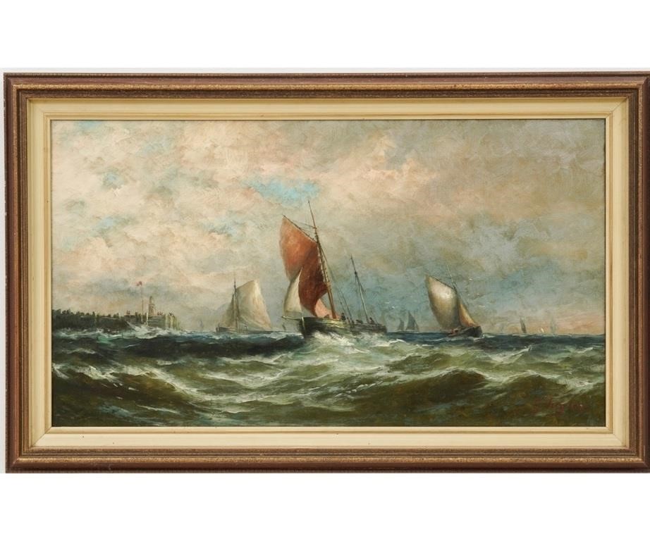 Appraisal: G Taylor oil on canvas of fishing boats in rough