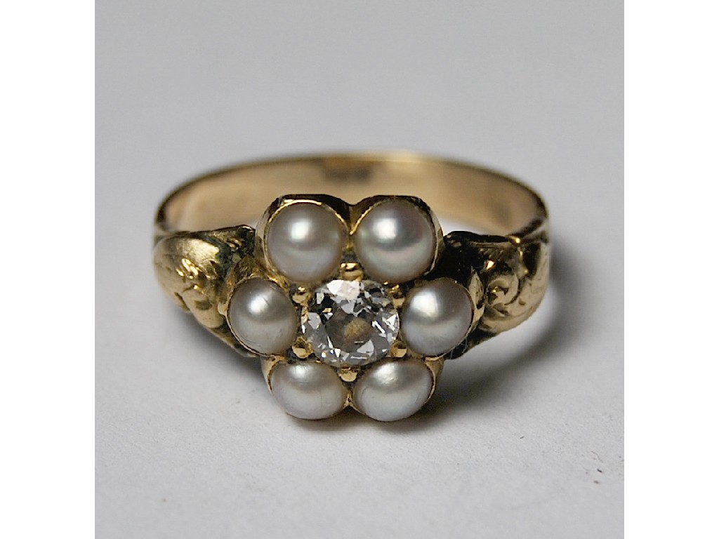 Appraisal: Victorian natural half-pearl and diamond cluster ring yellow gold setting