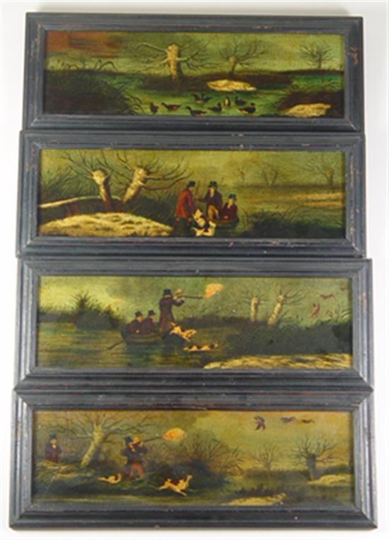 Appraisal: Set of Four Hunting Scenes Paper laid down on glass