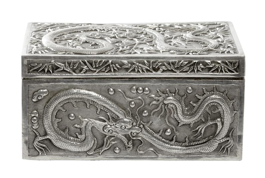 Appraisal: CHINESE SILVER BOX WITH A DRAGON WRITHING IN A BAMBOO