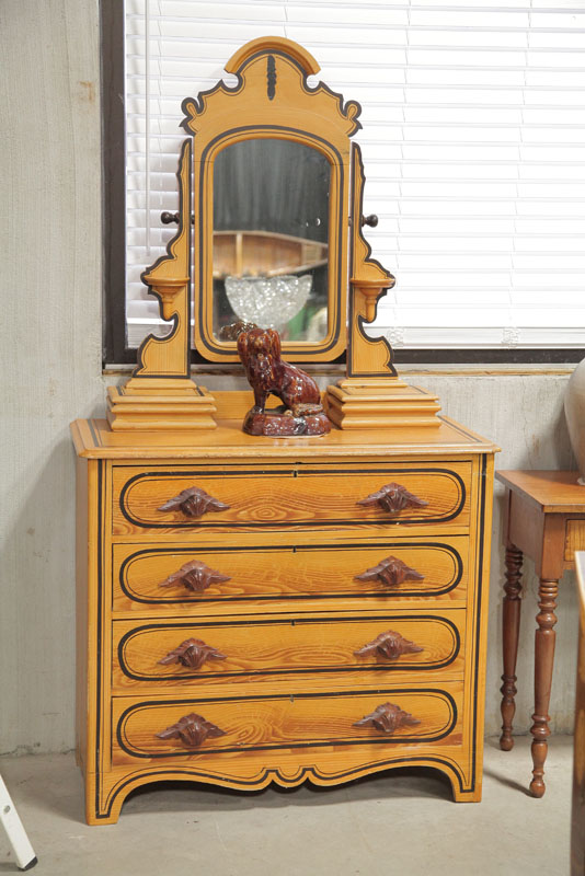 Appraisal: CHEST OF DRAWERS WITH MIRROR Grain decorated chest with black