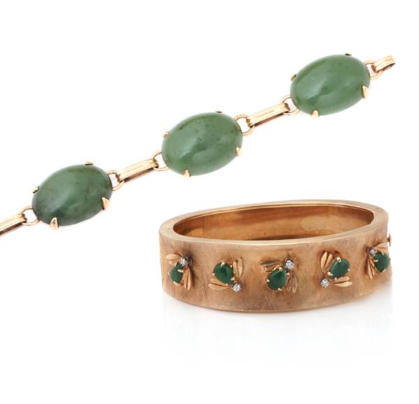 Appraisal: A jadeite diamond and k gold bangle with a jadeite