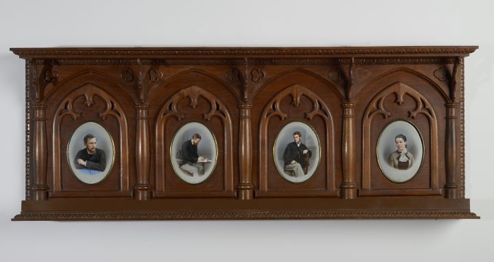 Appraisal: Rare Germano-Bohemian Porcelain Portrait Plaque-Set Walnut Overmantel Shelf in the