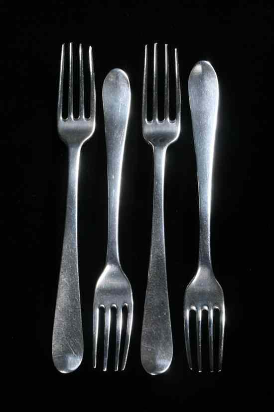 Appraisal: FOUR GEORGE III IRISH SILVER DINNER FORKS John Shilds Shields