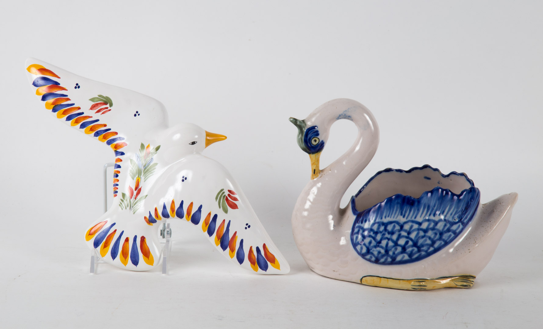 Appraisal: Quimper faience swan planter and flying bird Henriot Quimper swimming