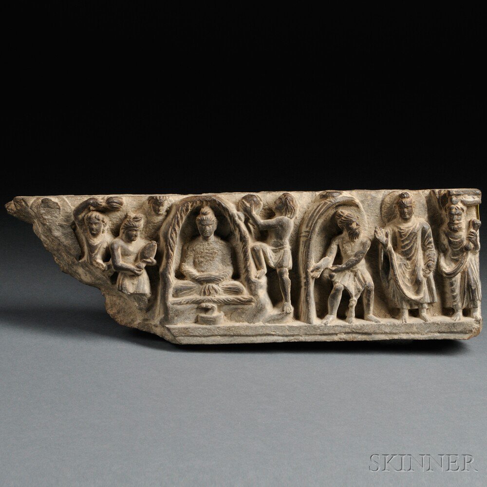 Appraisal: Gandharan-style Gray Schist Frieze carved with Buddha standing on the