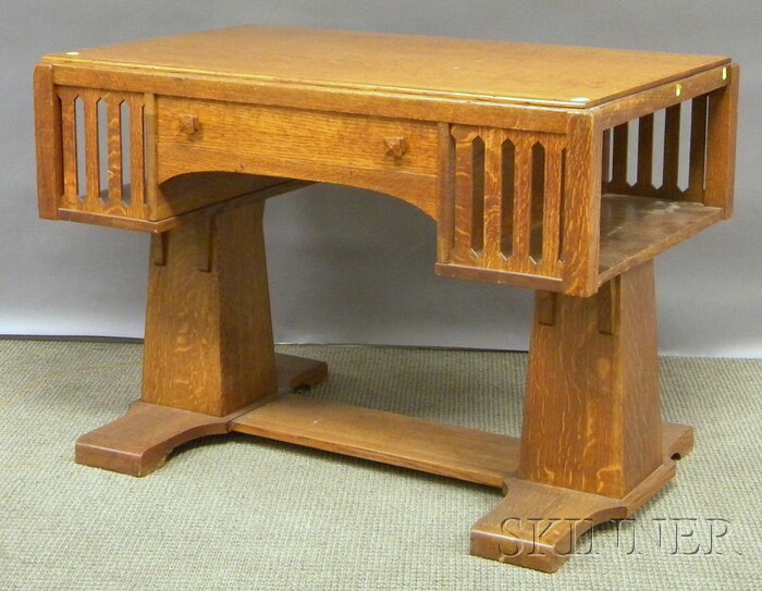 Appraisal: Arts Crafts Oak Double Pedestal-base Library Table with Slat-sided Bookshelf