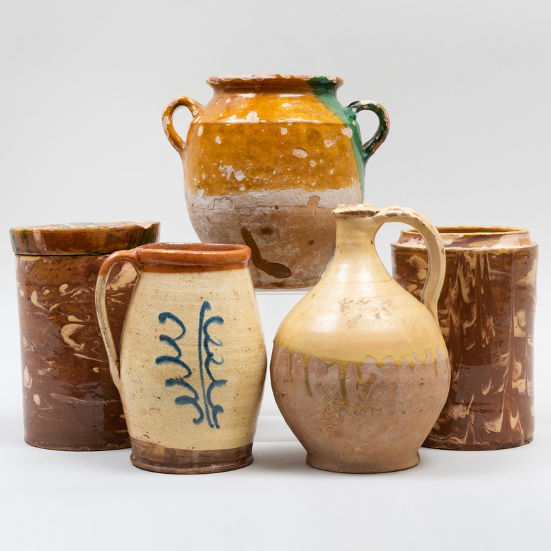 Appraisal: GROUP OF FIVE GLAZED EARTHENWARE VESSELS AND CANISTERS PROBABLY AMERICAN