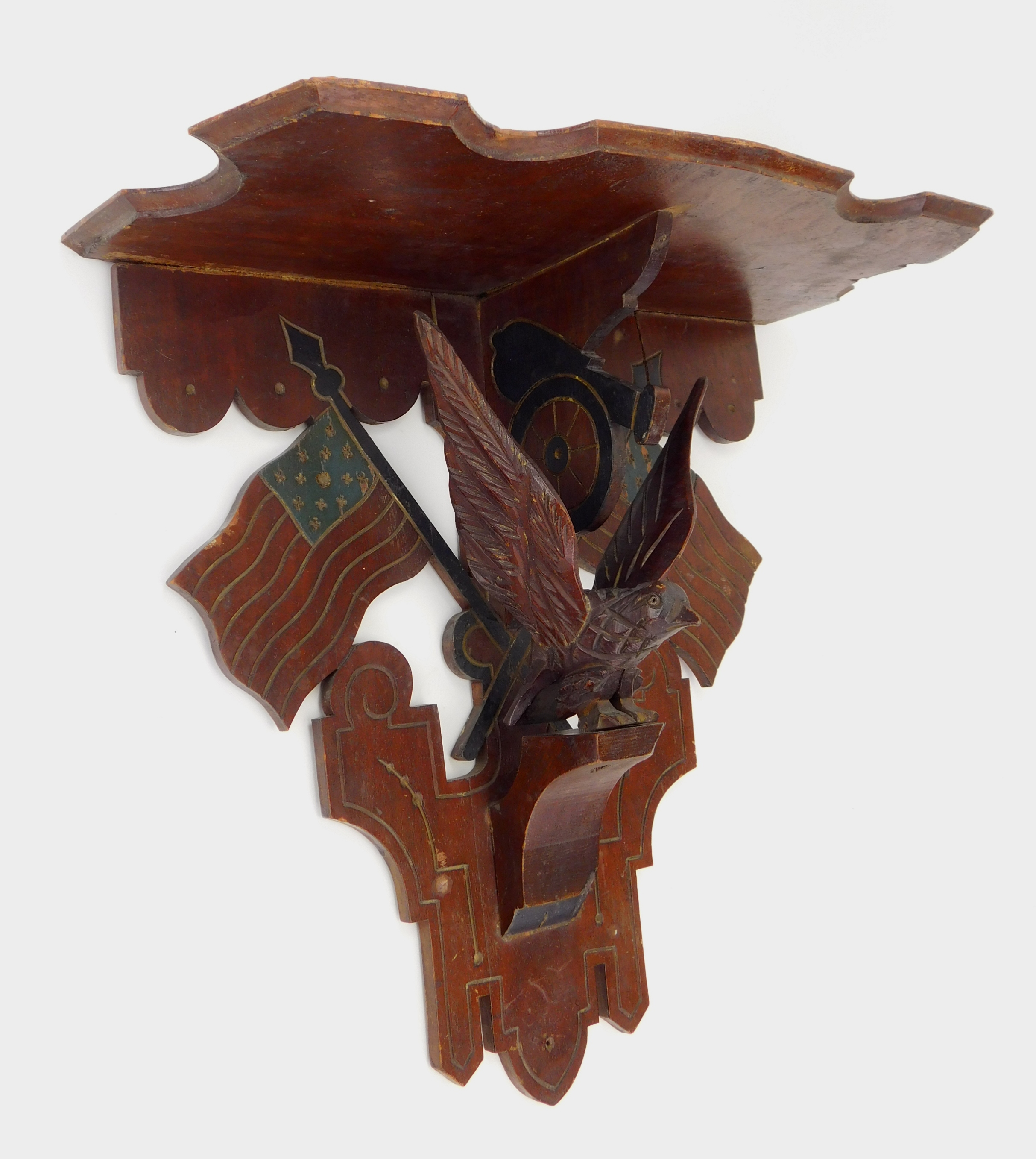 Appraisal: Victorian carved wood clock shelf with central eagle flanked by