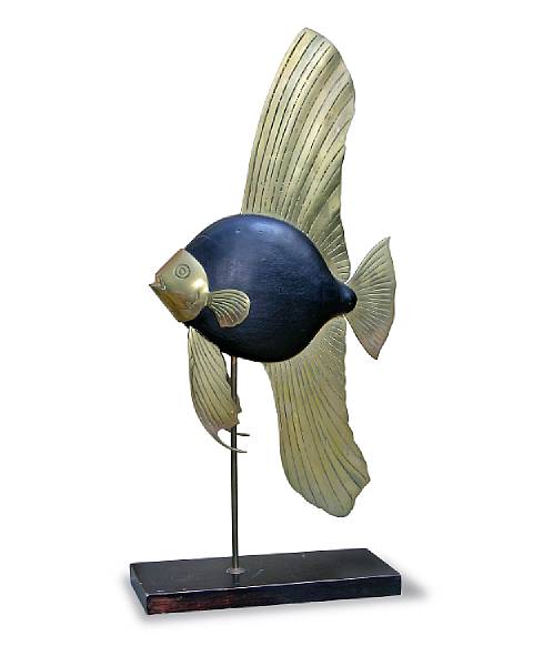 Appraisal: An American brass mounted wood fish on stand circa Modeled