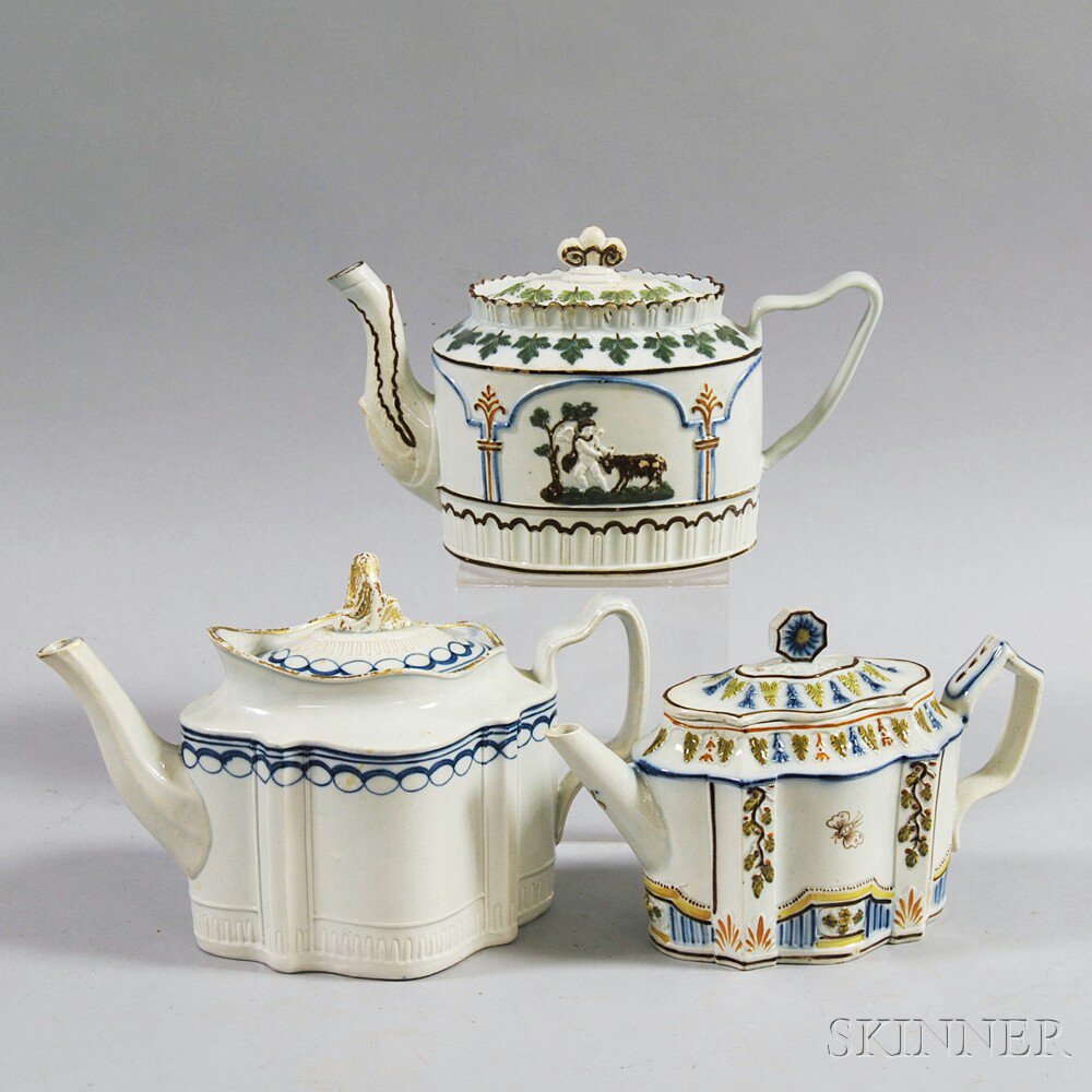 Appraisal: Three English Pearlware Teapots th and th century one decorated