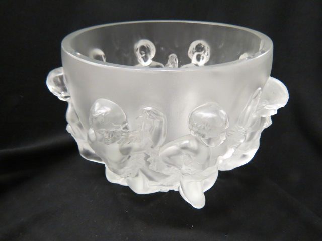 Appraisal: Large Lalique Crystal Vase cherub or putti decor frosted tall