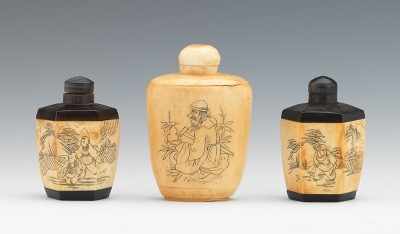 Appraisal: A Group of Three Bone and Horn Snuff Bottles Containing