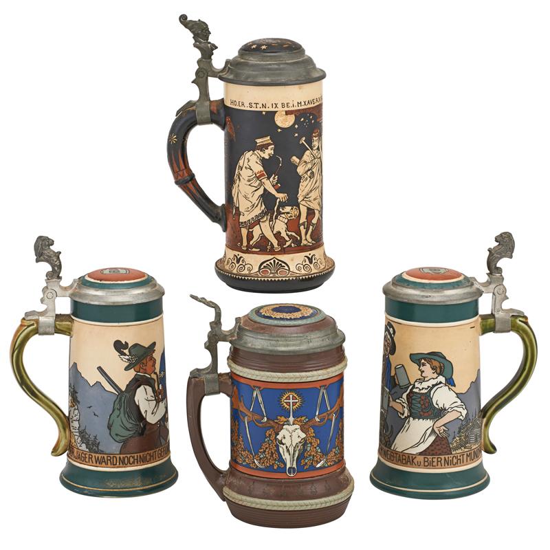 Appraisal: METTLACH ETCHED STEINS Four Numbers half liter two half liters