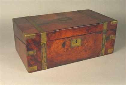 Appraisal: English brass bound burl walnut lap desk th century With