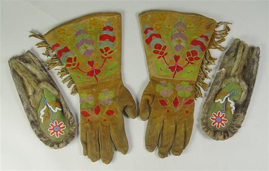 Appraisal: Woodland Indian Embroidered Gloves Beaded Moccasins Early th Century Finely