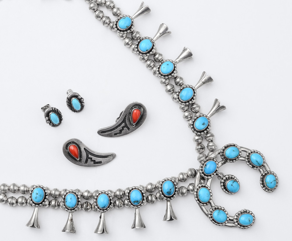 Appraisal: NATIVE AMERICAN STERLING SILVER SQUASH BLOSSOM NECKLACE Silver bead necklace