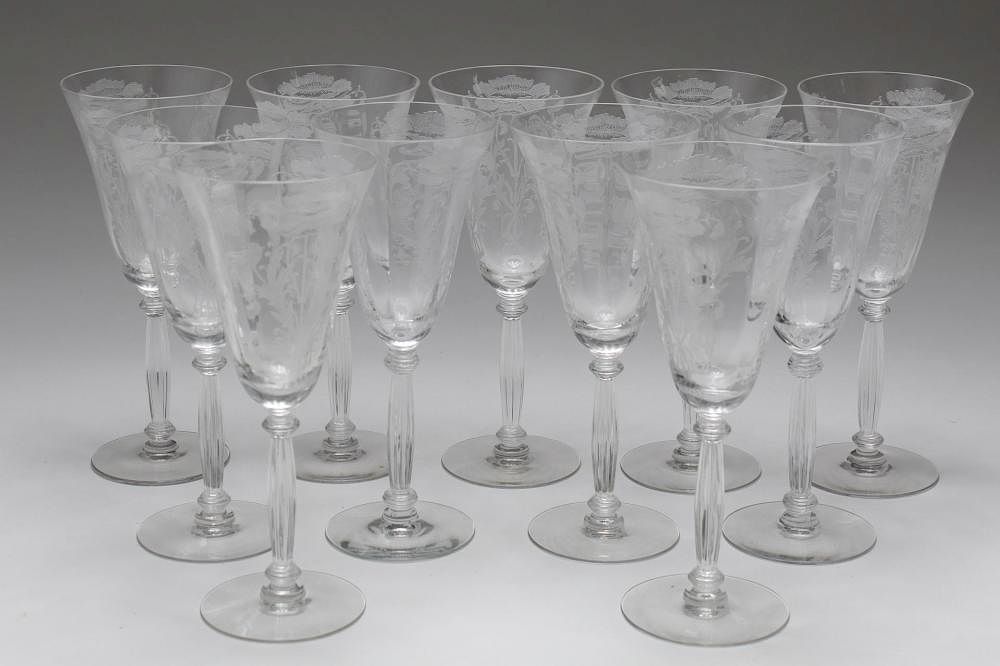 Appraisal: Acid-Etched Crystal Goblets or Wine Glasses Finely-etched set of crystal