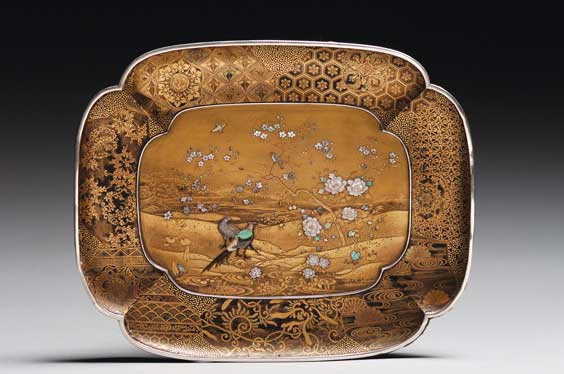 Appraisal: ANTIQUE SHIBAYAMA INLAID TRAY Antique Japanese gold lacquer tray of