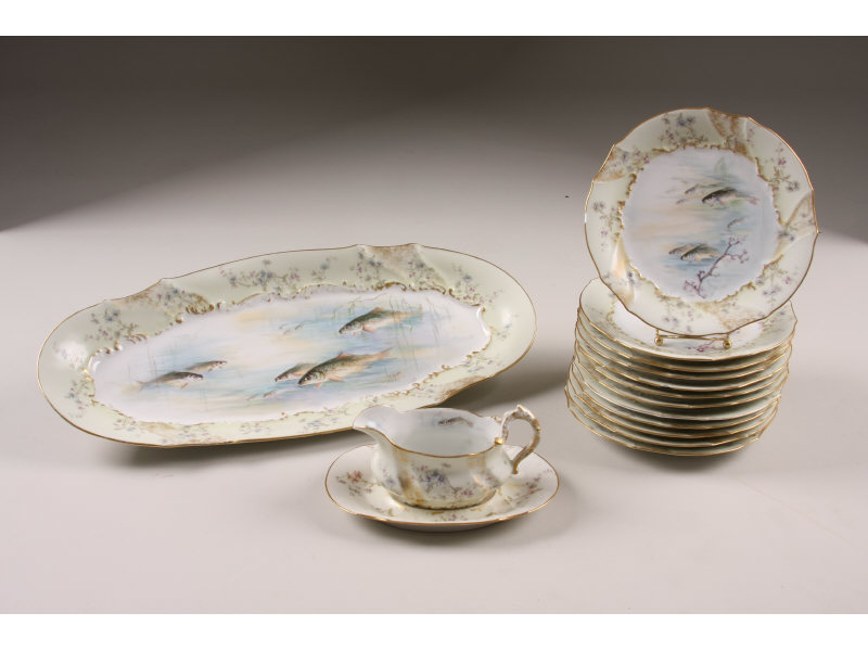 Appraisal: Limoges Porcelain Fish Service th c hand-painted service includes one