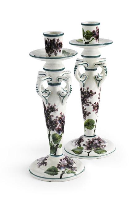 Appraisal: WEMYSS PAIR OF TALL KENMORE CANDLESTICKS CIRCA decorated with lilacs