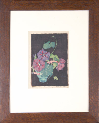 Appraisal: MARGARET PATTERSON Color woodblock print Morning Glories matted and framed