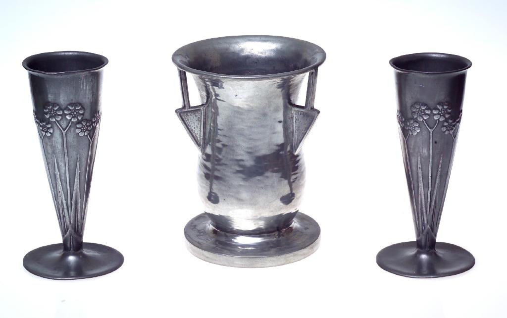 Appraisal: PAIR OF LIBERTY CO TUDRIC PEWTER VASES each of tapering