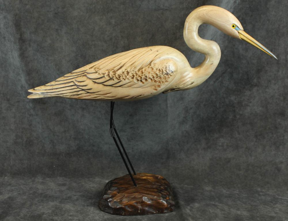 Appraisal: TOM TABER WOOD CARVING OF A HERON having laminated and