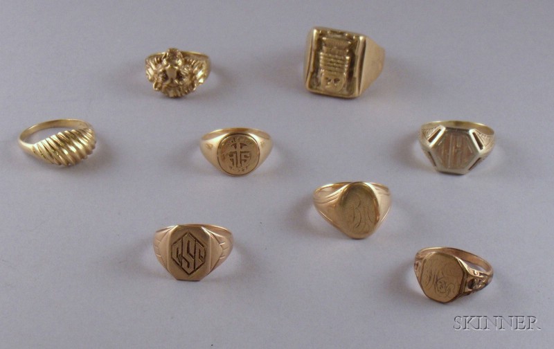 Appraisal: Five Mostly Gold Signet Rings and Three kt Gold Rings