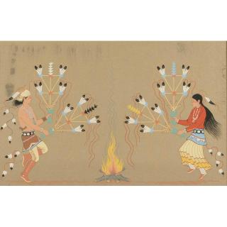 Appraisal: Harrison Begay Gouache Framed gouache Navajo Feather Dancers Harrison Begay