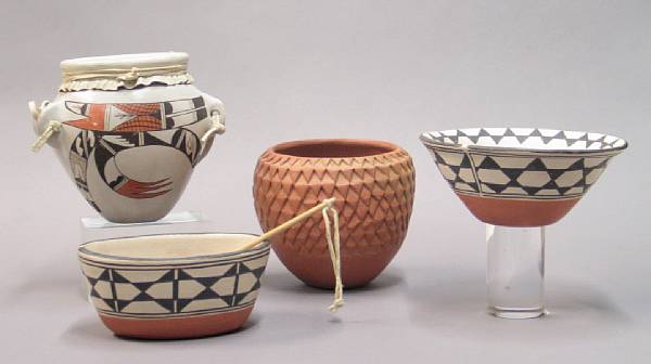 Appraisal: Four Pueblo pottery items Including two Santo Domingo bowls Robert