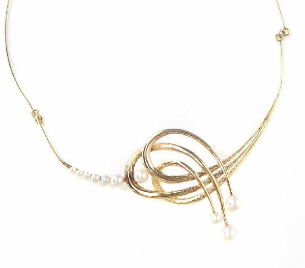 Appraisal: A cultured pearl and k gold wire necklace swirl motif