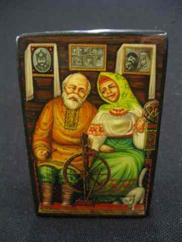 Appraisal: Russian Lacquerware Box older couple with spinning wheel cat at