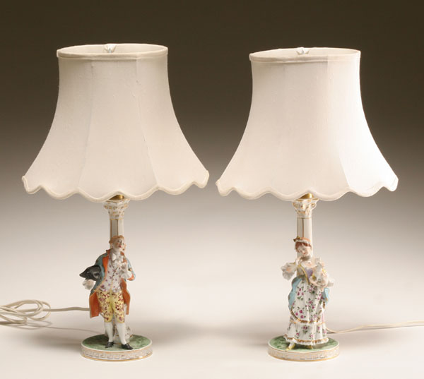 Appraisal: Pair Saxony Dresden hand painted porcelain figural lamps affluent male