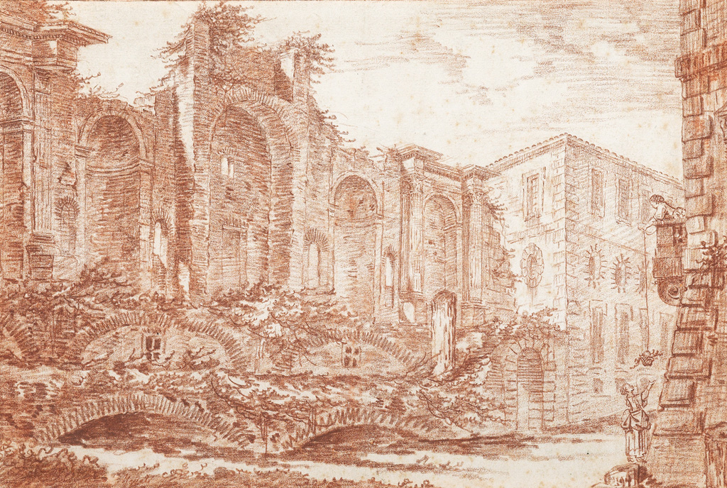 Appraisal: FRENCH SCHOOL TH-CENTURY Italianate Scene with Roman Ruins and a