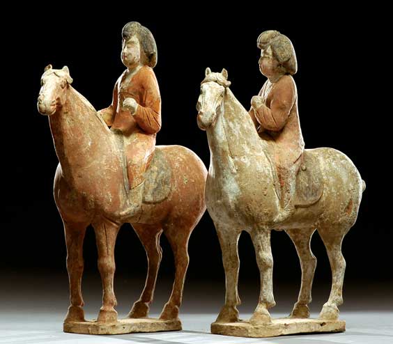 Appraisal: PAIR RARE TANG POTTERY EQUESTRIANS Pair superbly modeled and rare