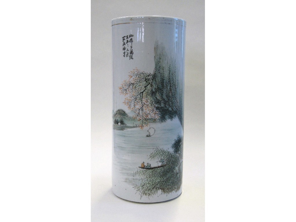 Appraisal: Oriental pottery cylindrical vase decorated with figures by a river