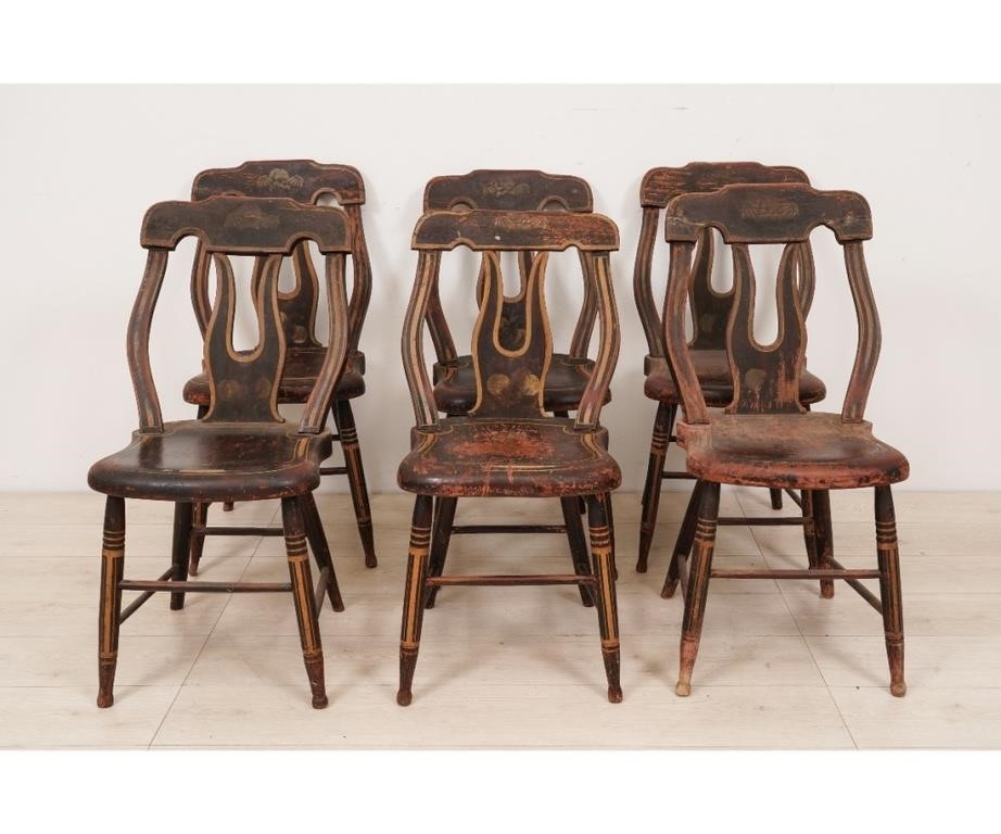 Appraisal: Set of six plank bottom side chairs circa in original