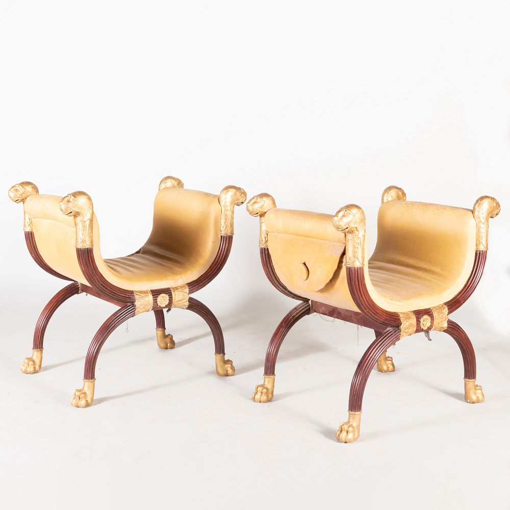 Appraisal: Pair of Regency Style Mahogany and Parcel-Gilt Stools After a