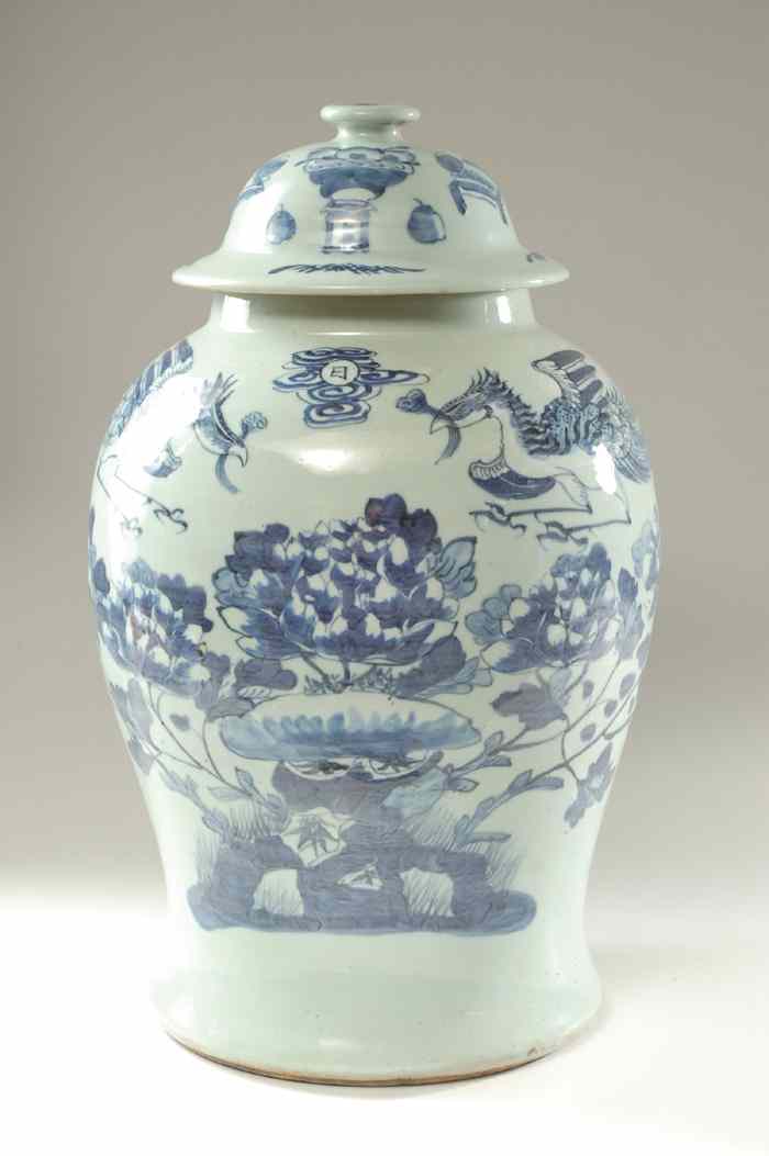 Appraisal: CELADON AND BLUE COVERED CHINESE JAR hand painted with phoenix